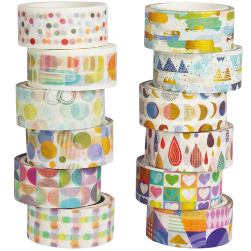      Basic_Washi_Tape_Set_Children_Colors_Gold_Foil_15mm_12Rolls