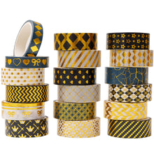 Load image into Gallery viewer, Black_Gold_Washi_Tape_Set_Printed_Basic_Patterns_Foil_White_Artwork_15mm_18Rolls