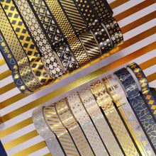 Load image into Gallery viewer, Black_Gold_Washi_Tape_Set_Printed_Basic_Patterns_Foil_White_Artwork_15mm_18Rolls