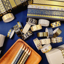 Load image into Gallery viewer, Black_Gold_Washi_Tape_Set_Printed_Basic_Patterns_Foil_White_Artwork_15mm_18Rolls