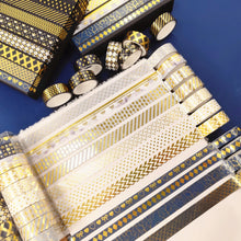 Load image into Gallery viewer, Black_Gold_Washi_Tape_Set_Printed_Basic_Patterns_Foil_White_Artwork_15mm_18Rolls