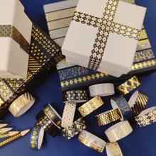 Load image into Gallery viewer, Black_Gold_Washi_Tape_Set_Printed_Basic_Patterns_Foil_White_Artwork_15mm_18Rolls