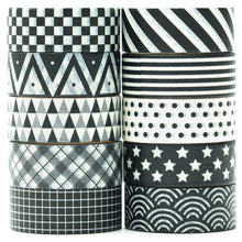 Load image into Gallery viewer, Black_White_Washi_Tape_Set_Printed_Basic_Patterns_Grid_Dots_Artwork_15mm_10Rolls