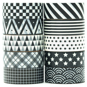 Black_White_Washi_Tape_Set_Printed_Basic_Patterns_Grid_Dots_Artwork_15mm_10Rolls