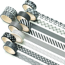 Load image into Gallery viewer, Black_White_Washi_Tape_Set_Printed_Basic_Patterns_Grid_Dots_Artwork_15mm_10Rolls