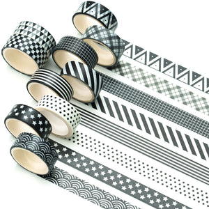 Black_White_Washi_Tape_Set_Printed_Basic_Patterns_Grid_Dots_Artwork_15mm_10Rolls