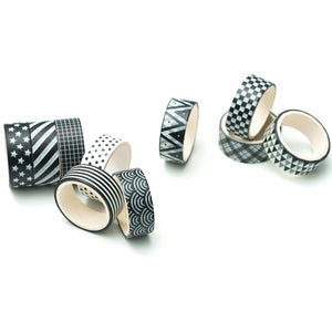 Black_White_Washi_Tape_Set_Printed_Basic_Patterns_Grid_Dots_Artwork_15mm_10Rolls