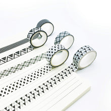 Load image into Gallery viewer, Black_White_Washi_Tape_Set_Printed_Basic_Patterns_Grid_Dots_Artwork_15mm_10Rolls