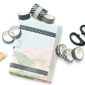 Black_White_Washi_Tape_Set_Printed_Basic_Patterns_Grid_Dots_Artwork_15mm_10Rolls