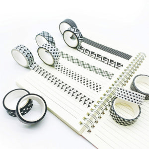 Black_White_Washi_Tape_Set_Printed_Basic_Patterns_Grid_Dots_Artwork_15mm_10Rolls