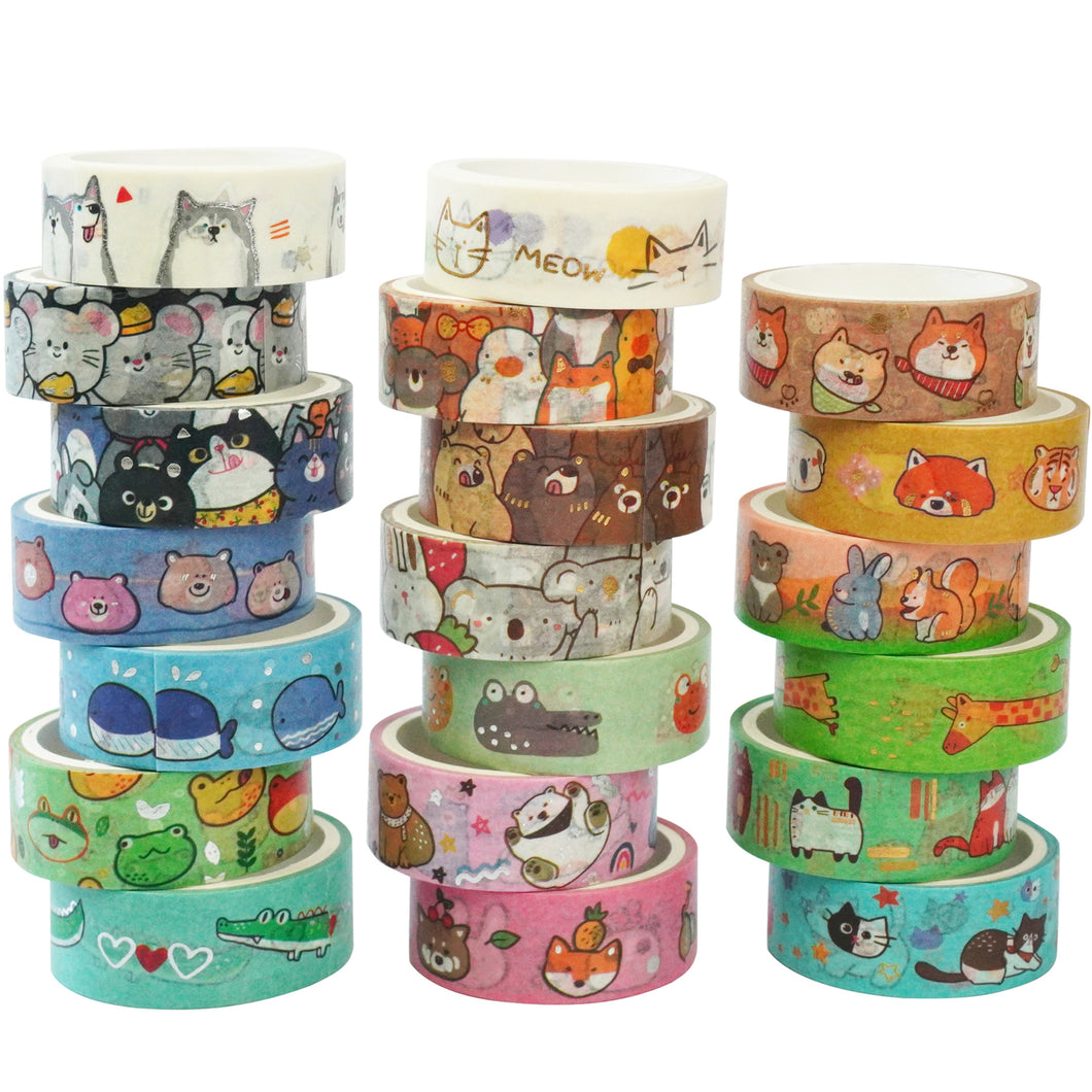   Cute_Animals_Washi_Tape_Set_Gold_Foil_Silver_Pet_Kawaii_Artwork_15mm_20Rolls