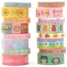 Load image into Gallery viewer, Cute_Cartoon_Washi_Tape_Set_Printed_Basic_Patterns_Happy_Kawaii_Artwork_15mm_16Rolls