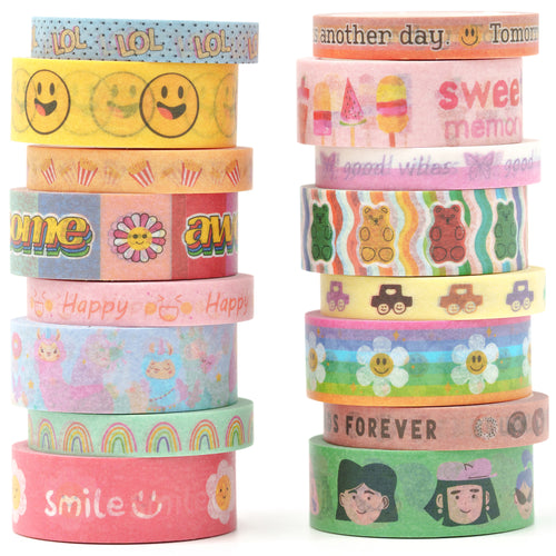 Cute_Cartoon_Washi_Tape_Set_Printed_Basic_Patterns_Happy_Kawaii_Artwork_15mm_16Rolls