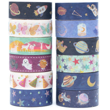 Load image into Gallery viewer,    Luminous_Galaxy_Washi_Tape_Set_Printed_Space_Patterns_Grow_In_The_Dark_Star_Artwork_15mm_12Rolls