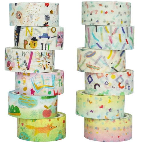      Paintings_Washi_Tape_Set_Children_Colors_Gold_Foil_15mm_12Rolls
