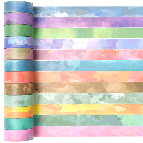        Watercolor_Washi_Tape_Set_Pastel_Colors_Solid_Rainbow_Pattern_15mm_12Rolls