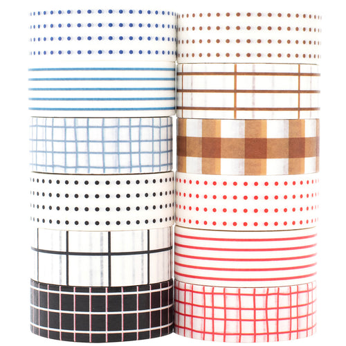 Basic_Grid_Washi_Tape_Set_Plaid_Dots_Lines_15mm_12Rolls