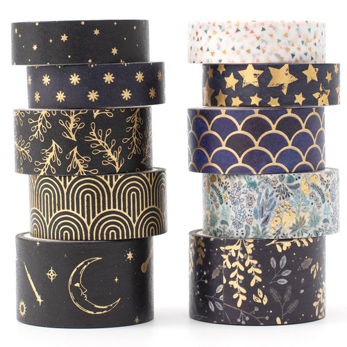 Creative_Black_Gold_Washi_Tape_Set_Wide_Flowers_Silver_Glitter_Color_15mm_10Rolls