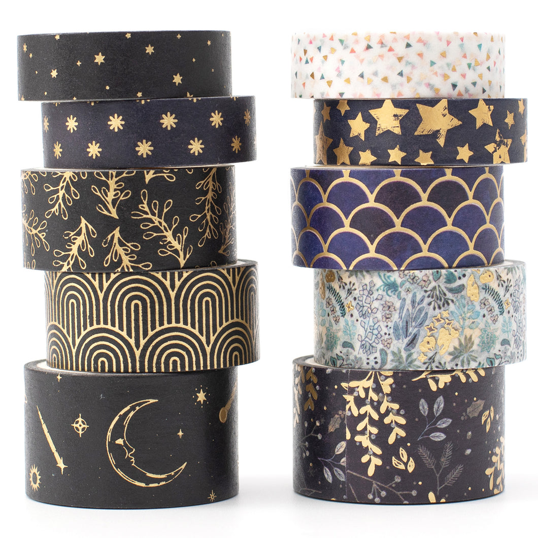 Creative_Black_Gold_Washi_Tape_Set_Wide_Flowers_Silver_Glitter_Color_15mm_10Rolls