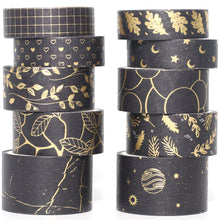 Load image into Gallery viewer,      Creative_Black_Gold_Washi_Tape_Set_Wide_Flowers_Silver_Glitter_Color_15mm_10Rolls