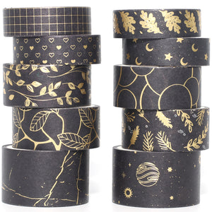      Creative_Black_Gold_Washi_Tape_Set_Wide_Flowers_Silver_Glitter_Color_15mm_10Rolls