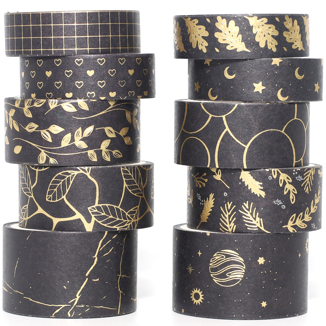      Creative_Black_Gold_Washi_Tape_Set_Wide_Flowers_Silver_Glitter_Color_15mm_10Rolls