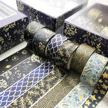 Load image into Gallery viewer, Creative_Black_Gold_Washi_Tape_Set_Wide_Flowers_Silver_Glitter_Color_15mm_10Rolls