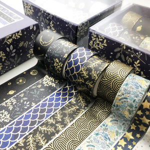 Creative_Black_Gold_Washi_Tape_Set_Wide_Flowers_Silver_Glitter_Color_15mm_10Rolls