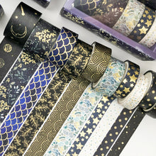 Load image into Gallery viewer, Creative_Black_Gold_Washi_Tape_Set_Wide_Flowers_Silver_Glitter_Color_15mm_10Rolls