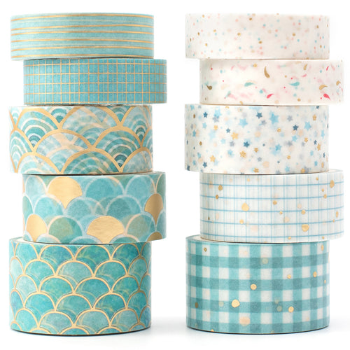 Creative_Blue_Gold_Washi_Tape_Set_Wide_Flowers_Silver_Glitter_Color_15mm_10Rolls
