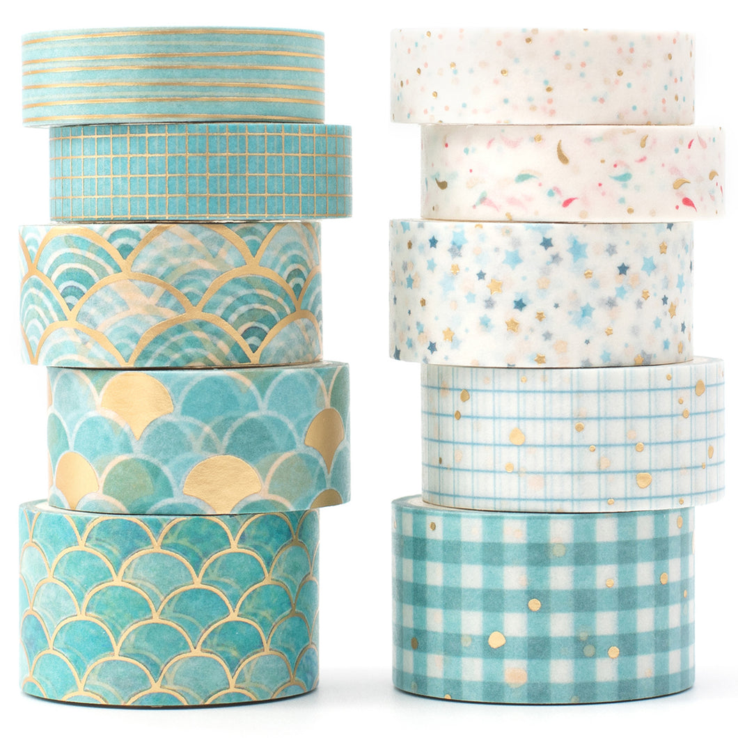 Creative_Blue_Gold_Washi_Tape_Set_Wide_Flowers_Silver_Glitter_Color_15mm_10Rolls