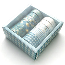 Load image into Gallery viewer, Creative_Blue_Gold_Washi_Tape_Set_Wide_Flowers_Silver_Glitter_Color_15mm_10Rolls