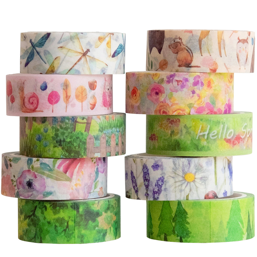        Green_Spring_Washi_Tape_Set_Flower_Pink_Pattern_Color_15mm_10Rolls