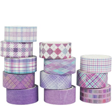 Load image into Gallery viewer, Purple_Grid_Washi_Tape_Set_Plaid_Basic_Pattern_Color_15mm_12Rolls