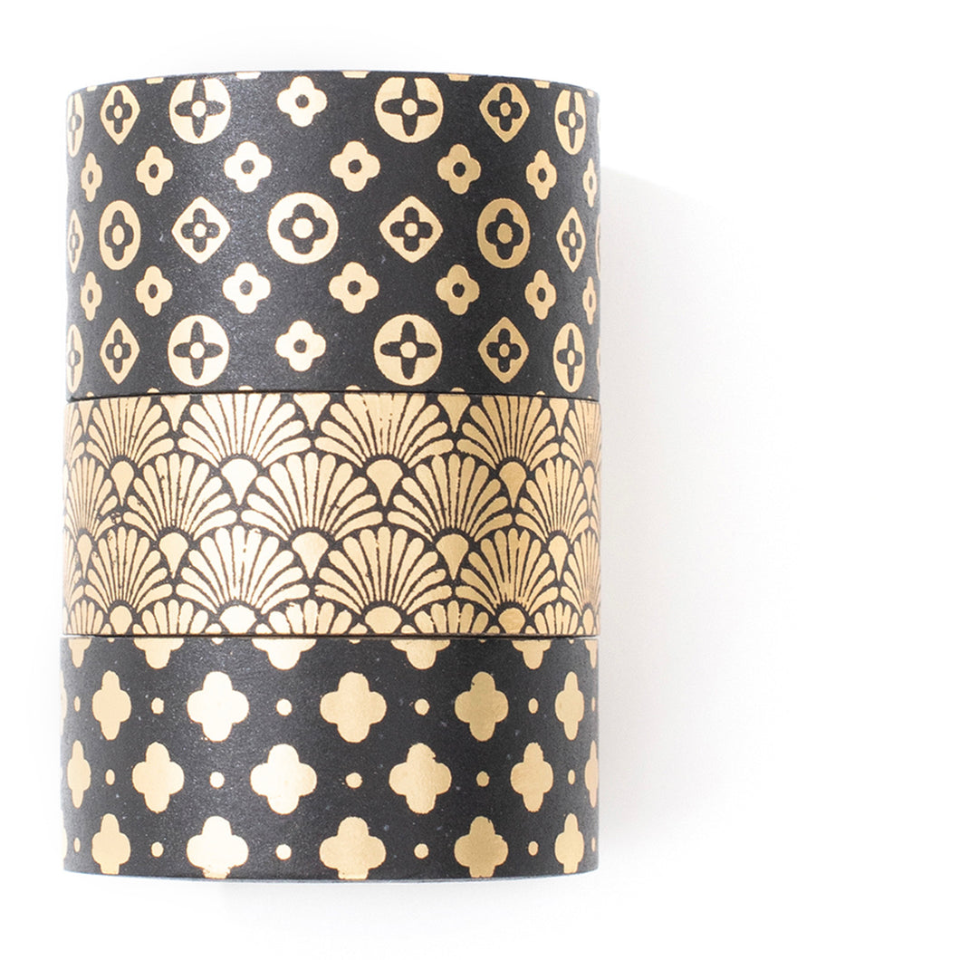    Veins_Ancient_Treasure_Gold_Washi_Tape_Set_Wide_Flowers_Silver_Glitter_Color_15mm_3Rolls