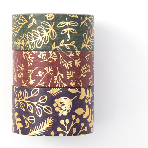 Veins_Floral_Leaves_Gold_Washi_Tape_Set_Wide_Flowers_Silver_Glitter_Color_15mm_3Rolls