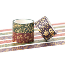 Load image into Gallery viewer, Veins_Floral_Leaves_Gold_Washi_Tape_Set_Wide_Flowers_Silver_Glitter_Color_15mm_3Rolls