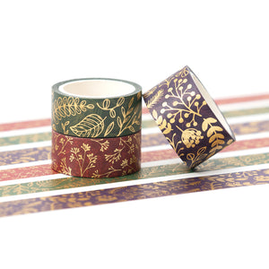 Veins_Floral_Leaves_Gold_Washi_Tape_Set_Wide_Flowers_Silver_Glitter_Color_15mm_3Rolls