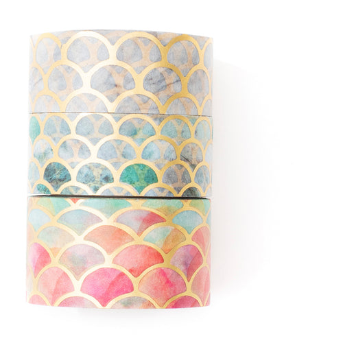    Veins_Ripples_Gold_Washi_Tape_Set_Wide_Flowers_Silver_Glitter_Color_15mm_3Rolls