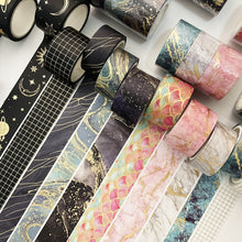 Load image into Gallery viewer,    Veins_Ripples_Gold_Washi_Tape_Set_Wide_Flowers_Silver_Glitter_Color_15mm_3Rolls