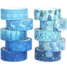 Load image into Gallery viewer, Winter_Washi_Tape_Set_Snowflake_Season_Blue_White_Cold_Holiday_Girl_15mm_10Rolls